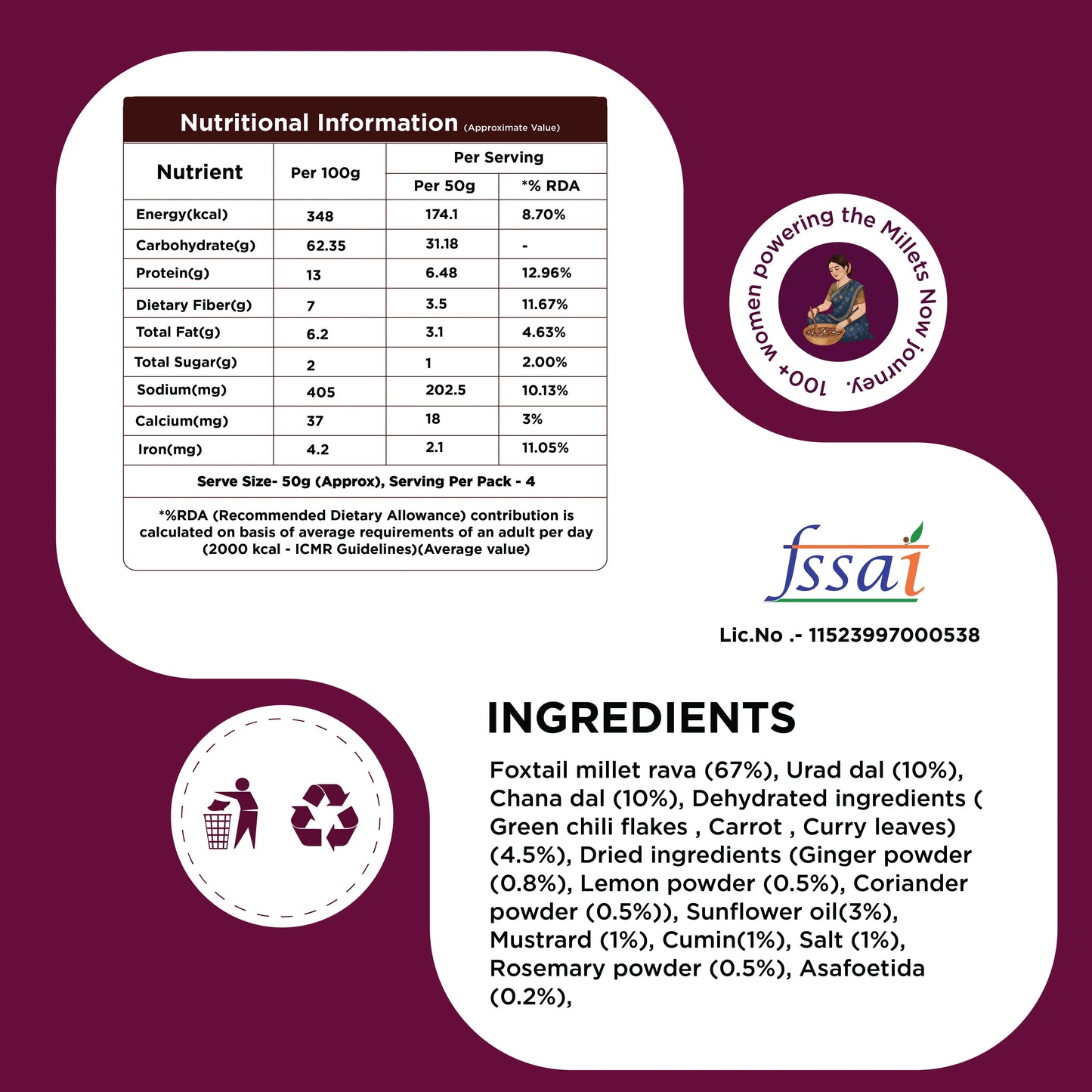 Foxtail Millet Upma- Instant Breakfast Premix | Rala Upma | 200g Millets Now