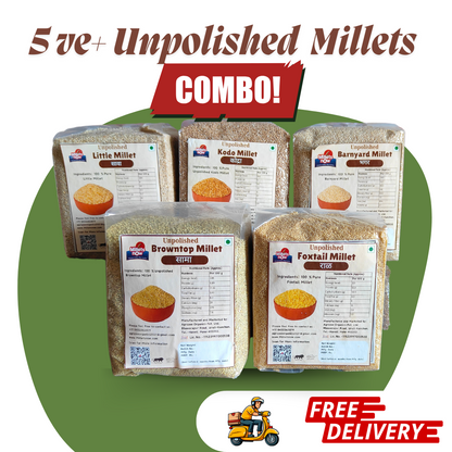 Unpolished Millet Grain Combo 1 kg each | 5 Positive Millet | kodo | barnyard | foxtail | Little | Browntop