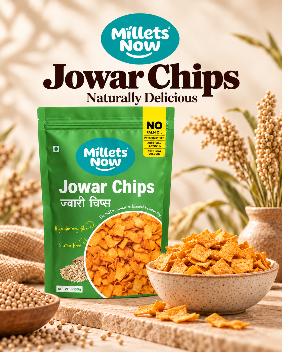 Jowar Chips Millets Now product advertisement