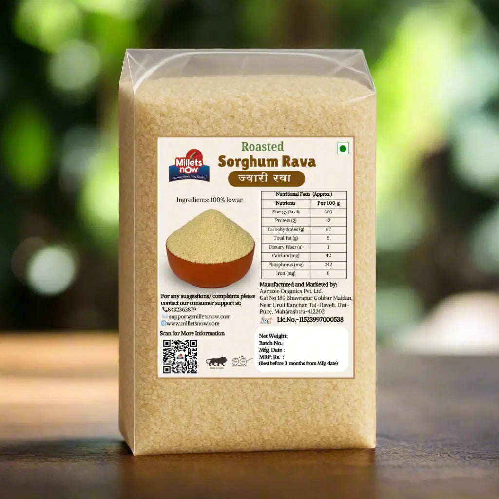 Package of roasted sorghum rava with a label on a wooden surface