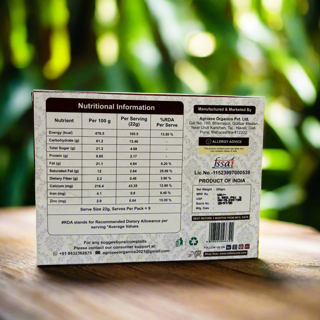 Back of a product packaging with nutritional information on a white and orange background