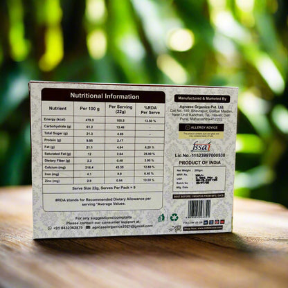 Back of a product packaging with nutritional information on a white and orange background