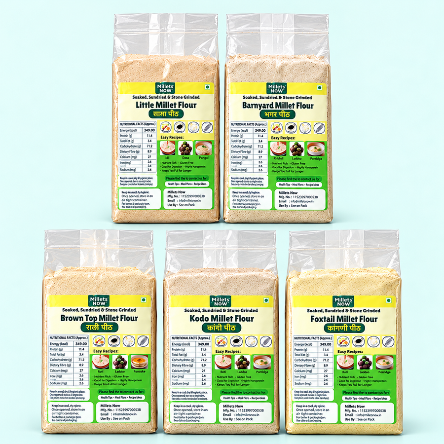 Soaked and Sundried Millet Flours Combo, five millet flour packets in two rows