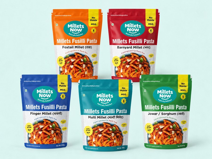 Millets Now Pasta Combo with five millet pasta varieties and teal logos