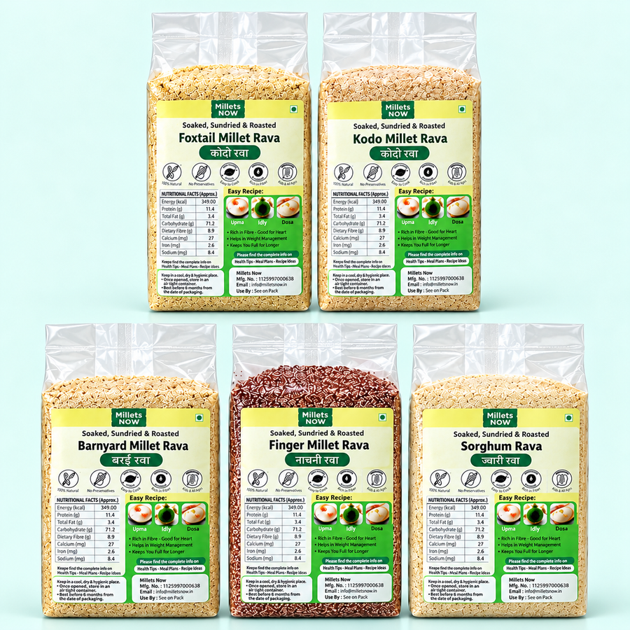 Roasted Rava Combo, five included millet rava packets in two rows