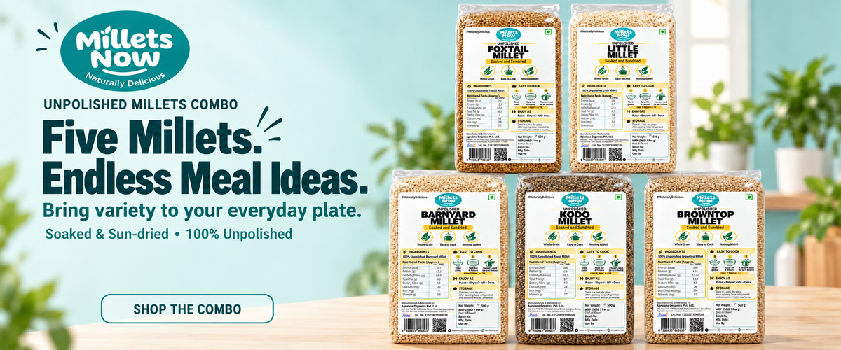Unpolished Millets Combo — Five Millets. Endless Meal Ideas. Shop the combo.