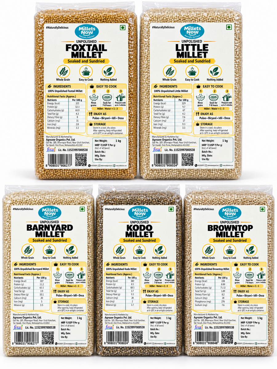 Millets Now Unpolished Millet Combo, five millet packets, 1 kg each