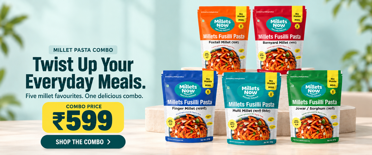 Millet Pasta Combo, five millet favourites for ₹599. Shop the combo.