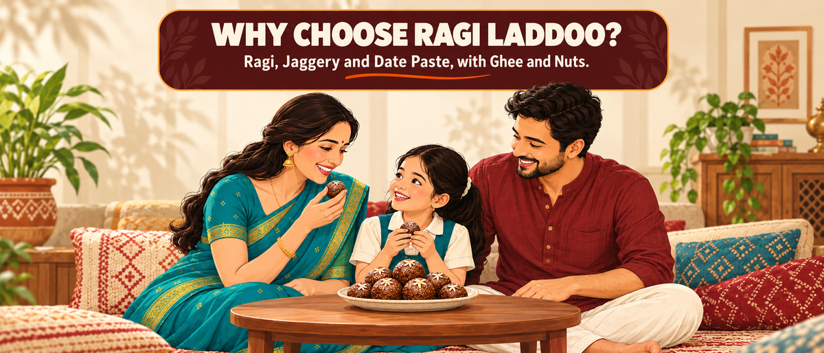 Why choose Ragi Laddoo — ragi, jaggery and date paste with ghee and nuts