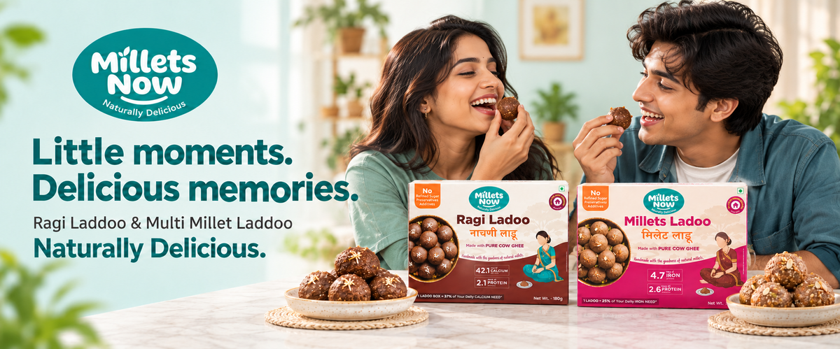 Two young adults enjoying Millets Now Ragi Ladoo and Multi Millet Ladoo — Little moments. Delicious memories.