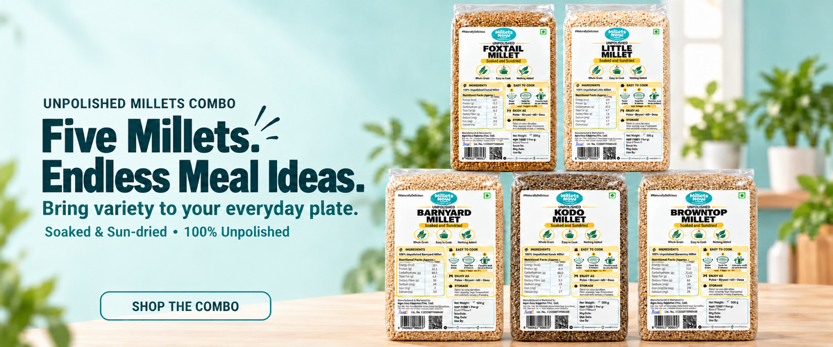 Unpolished Millets Combo. Five Millets. Endless Meal Ideas. Shop the combo.