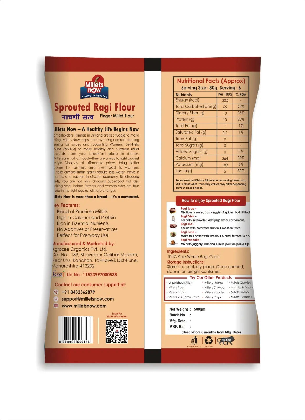 Sprouted Ragi Flour | Nachani peeeth | 500g Millets Now